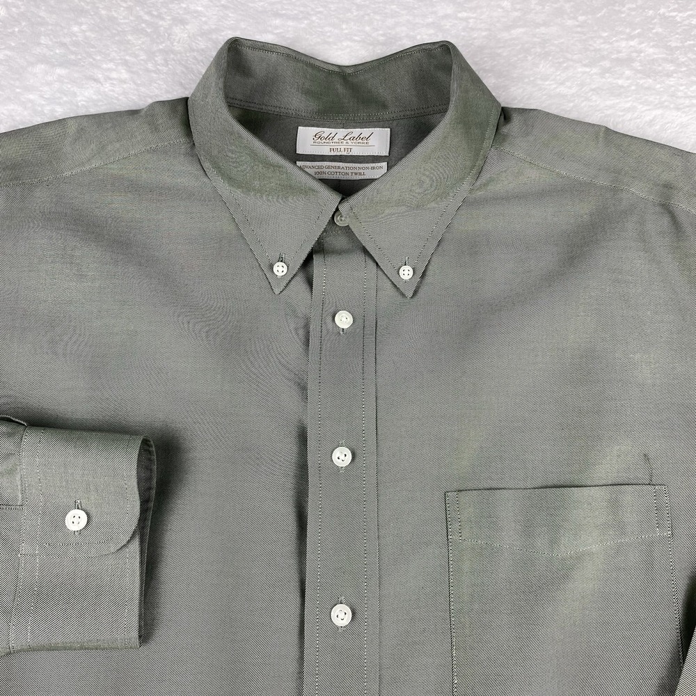 Roundtree & Yorke Gold Label Dress Shirt Mens 17.5-33 Olive Full Fit Twill